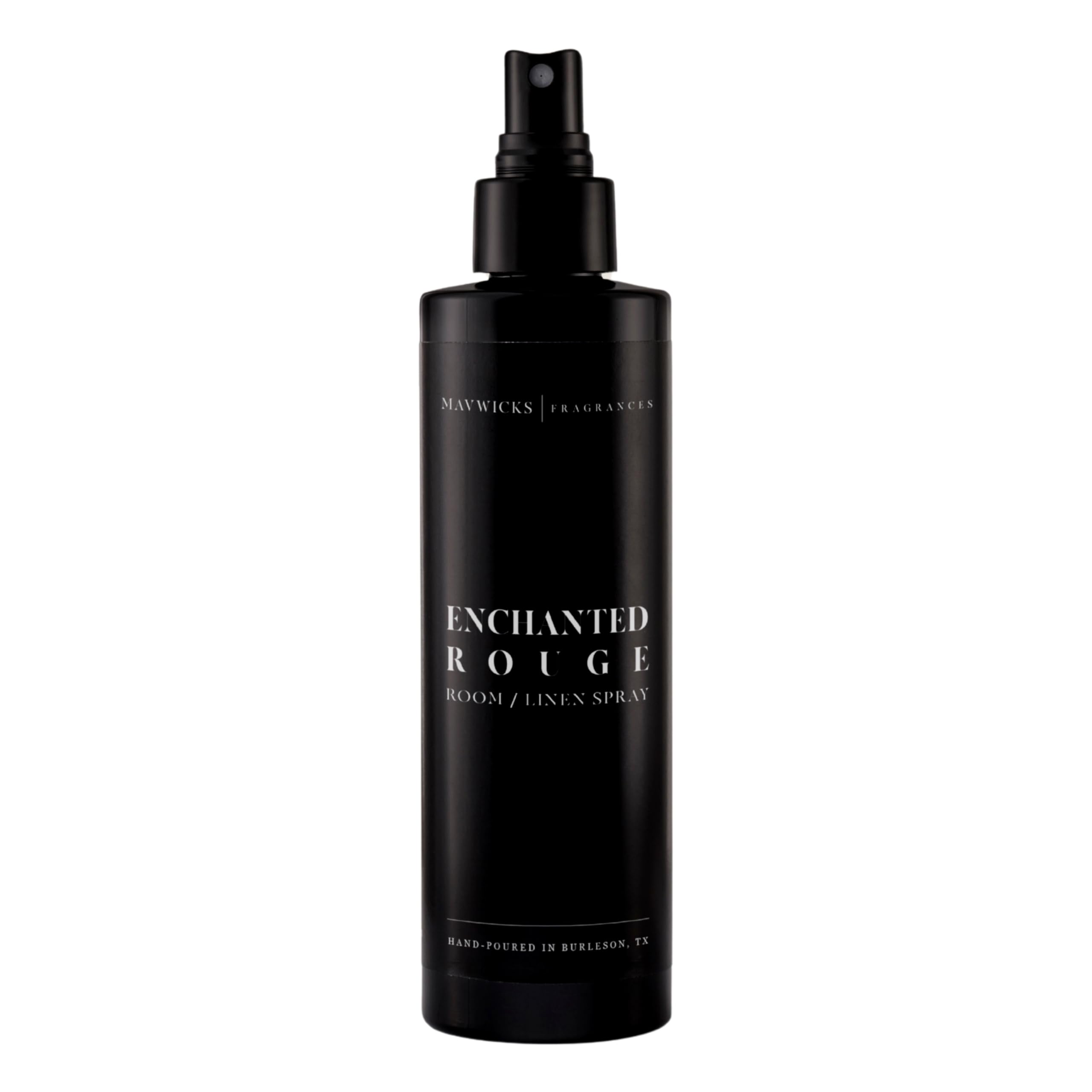 Mavwicks Enchanted Rouge bottle pour delivering a lasting fragrance for linens and spaces.