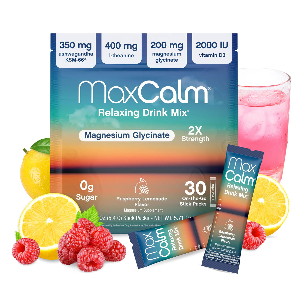 Max Calm raspberry-lemonade drink packet ready to mix for quick relaxation