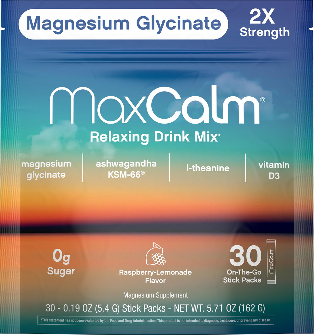 Max Calm glass with raspberry-lemonade drink showing refreshing, sugar-free enjoyment