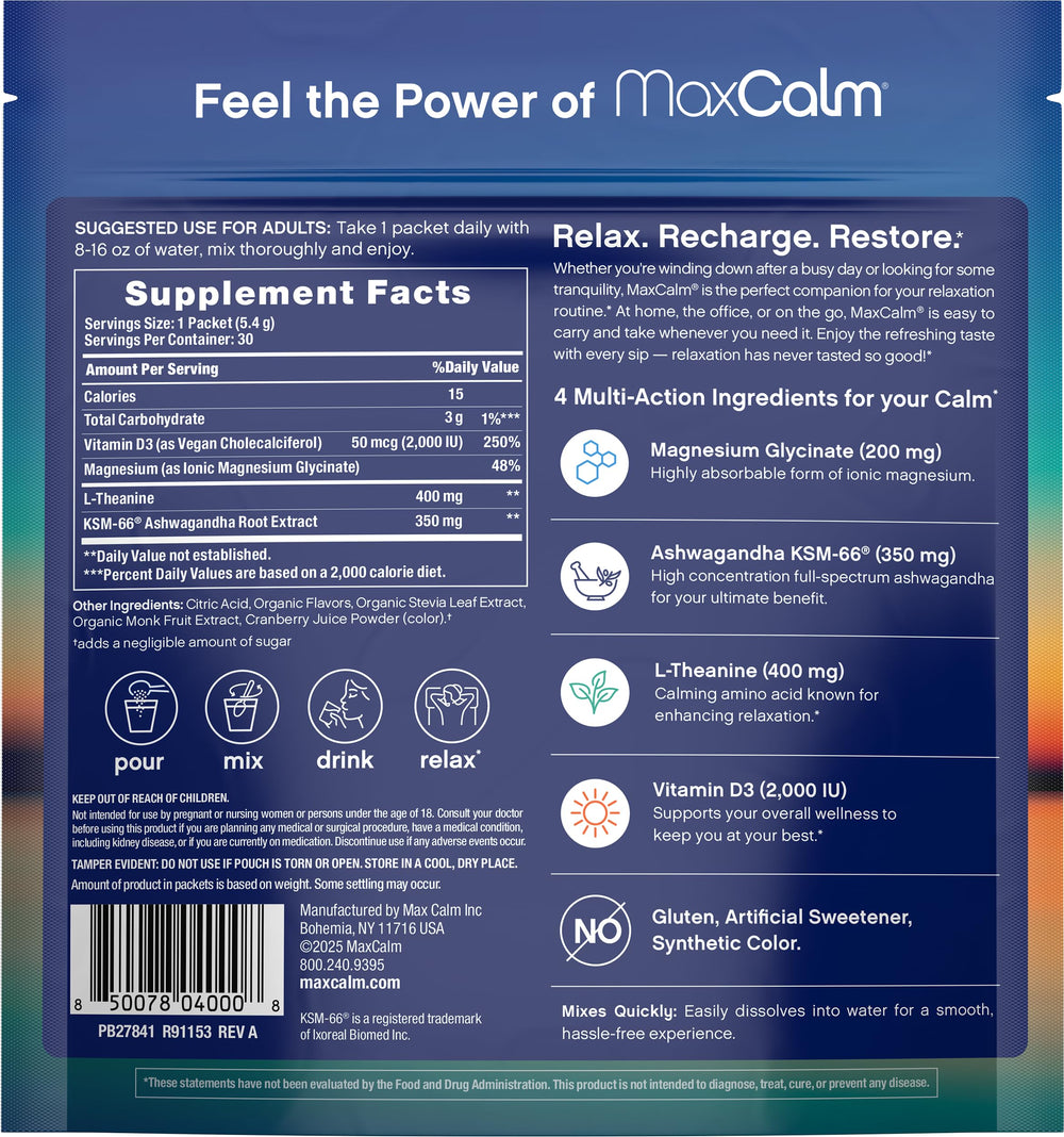 Max Calm single-serve stick pack for on-the-go calm moments