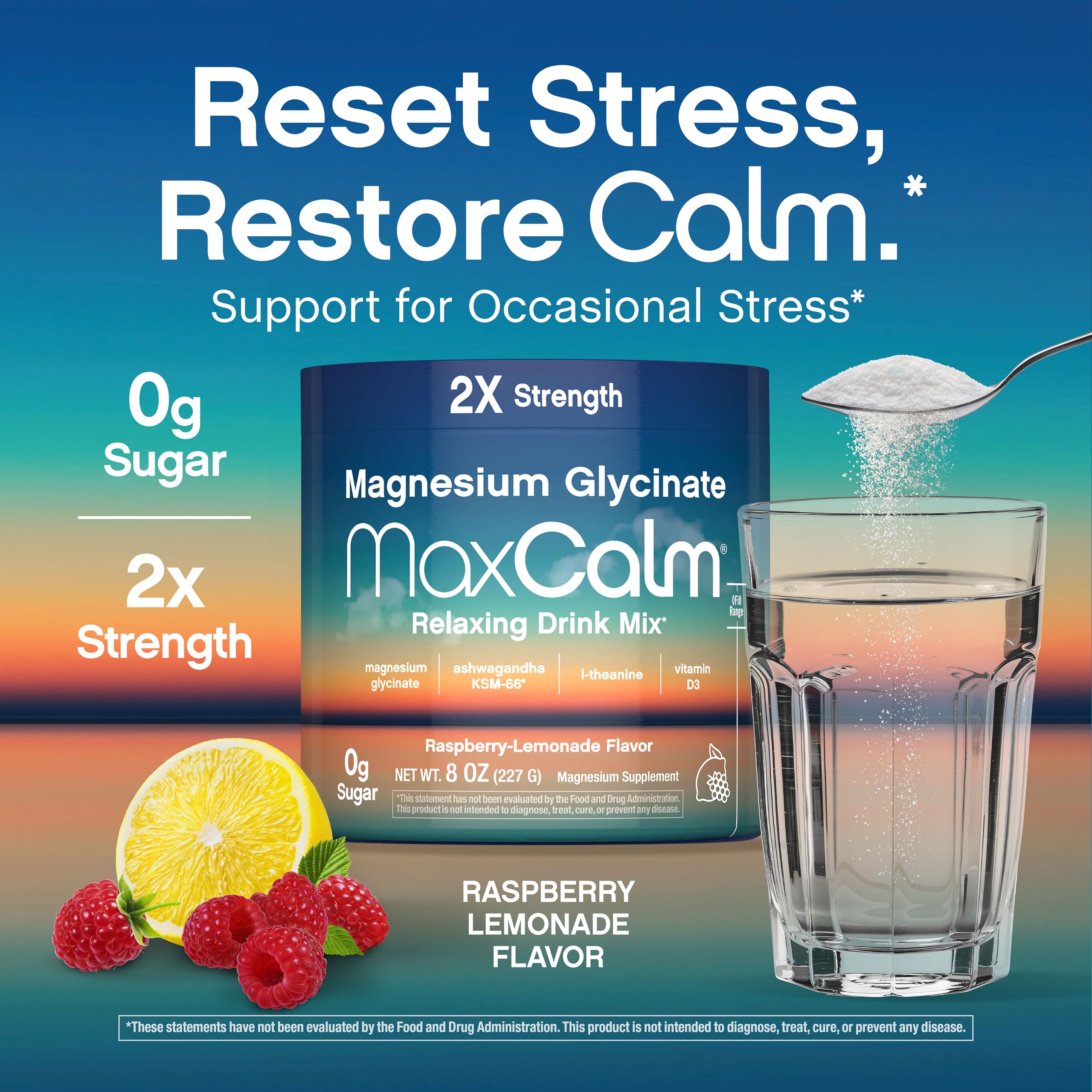 Max Calm vegan gluten-free seal showcases product suitability.