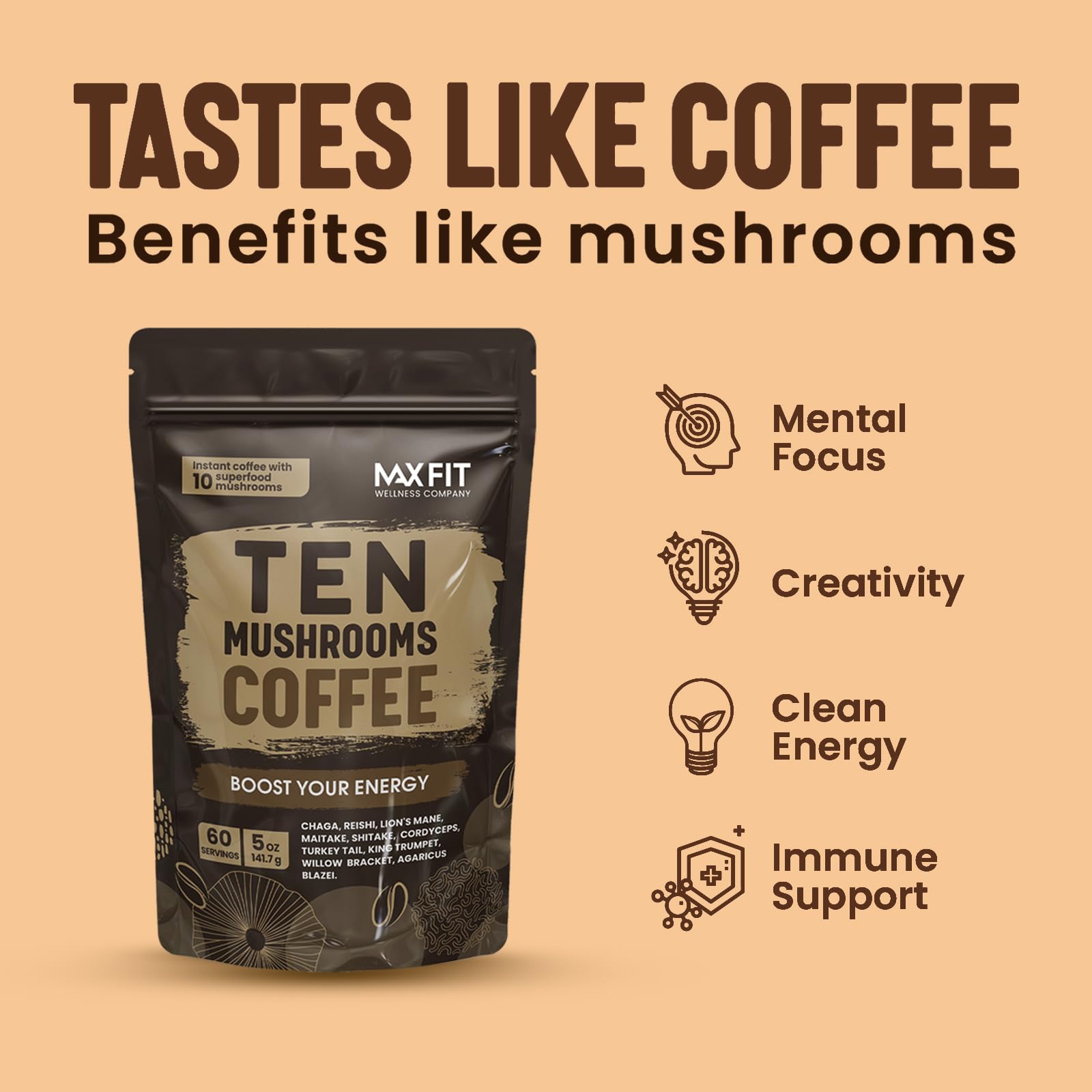 MAX FIT arabica instant mushroom blend aroma and daily energy