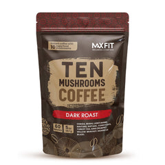 MAX FIT Instant Mushroom Coffee Dark Roast packaging with ten mushrooms for focused mornings.