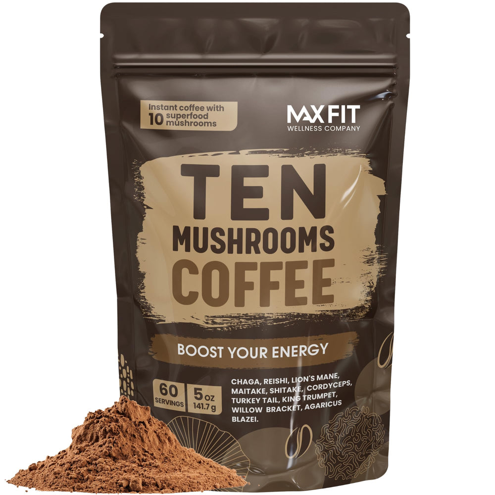 MAX FIT mushroom coffee tin with 60 servings for energized mornings