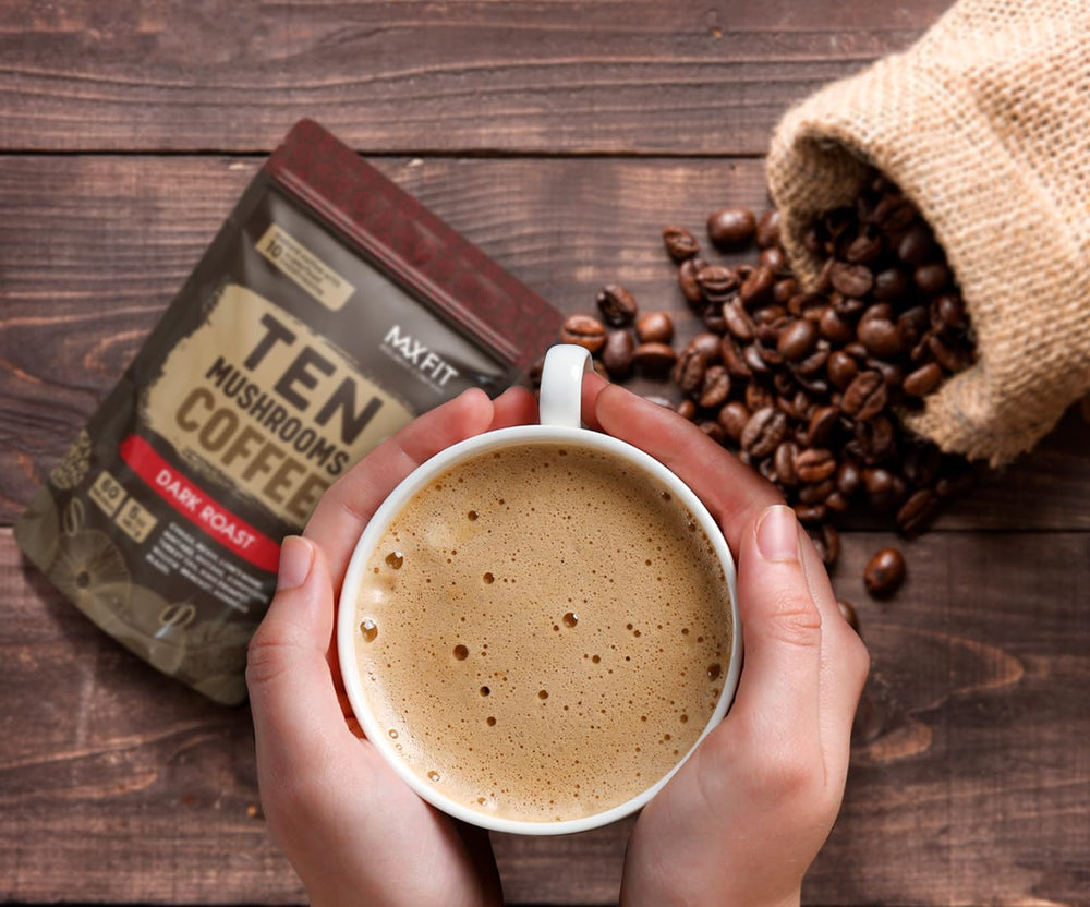 MAX FIT mushroom coffee aiding focus during work or study.