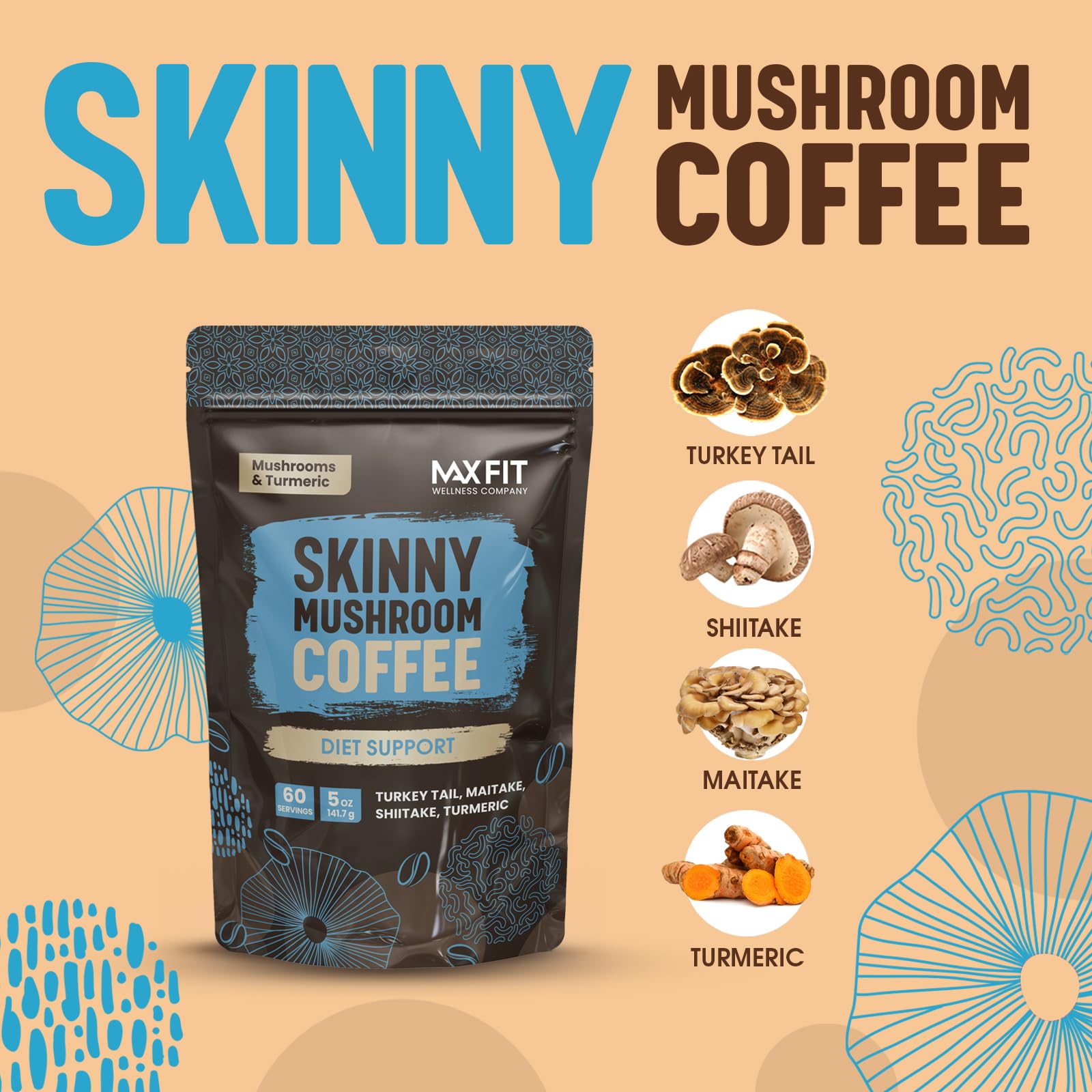 MAX FIT Skinny Mushroom Coffee cup steaming shows rich aroma and low acidity.