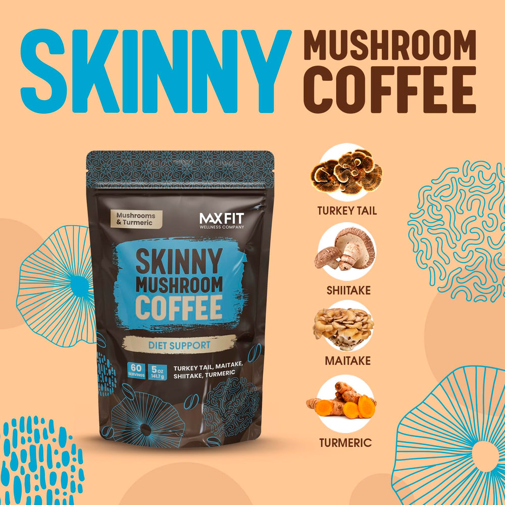 MAX FIT Skinny Mushroom Coffee cup steaming shows rich aroma and low acidity.