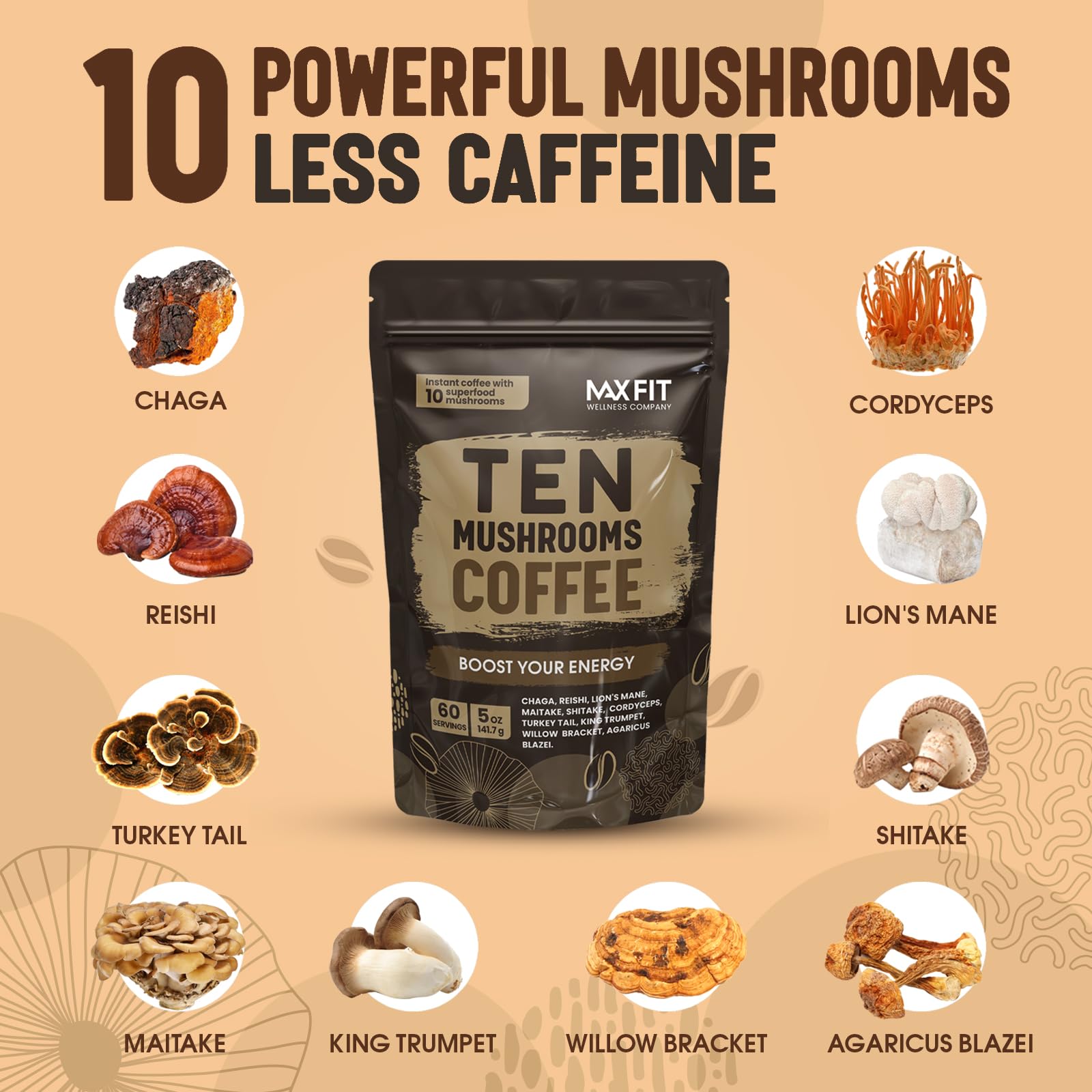MAX FIT ten-mushroom powder blend closeup for mental clarity