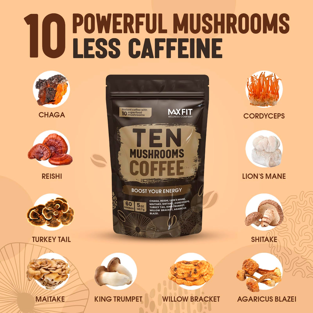 MAX FIT ten-mushroom powder blend closeup for mental clarity