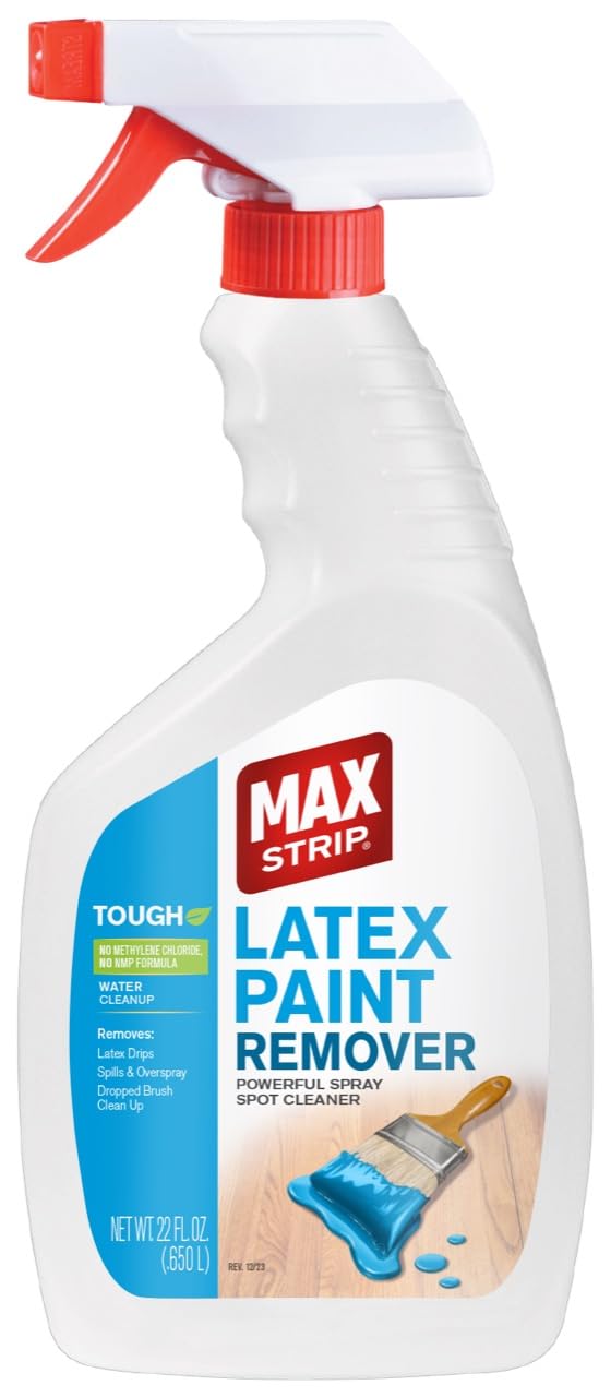 Max Strip latex paint remover spray gel dissolving drips on wood.