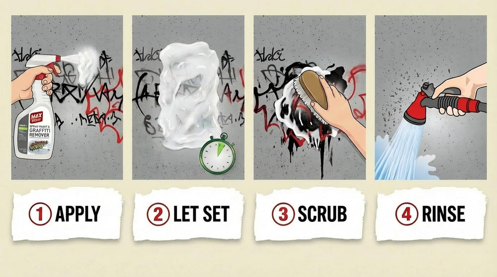 Max Strip graffiti remover application shows odor-free cleanup on a wall.