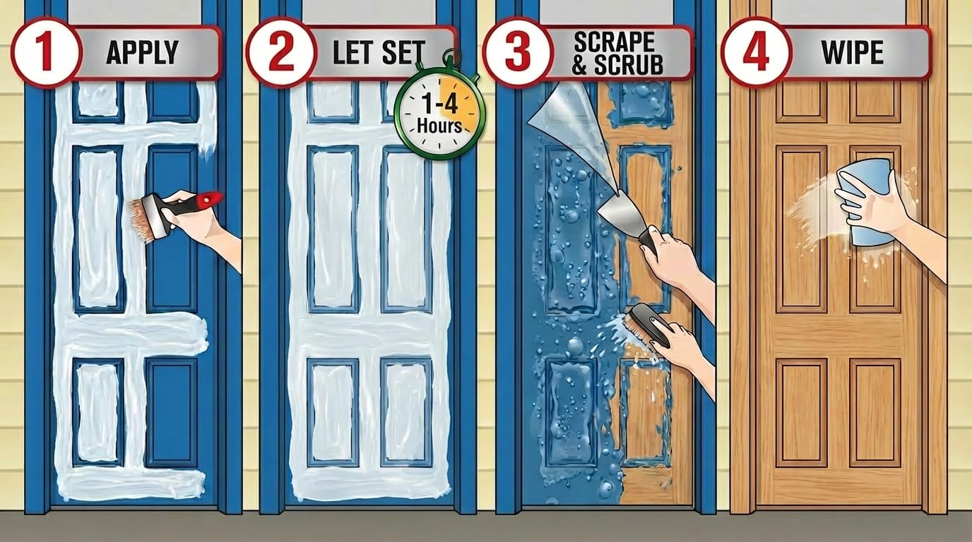 Max Strip wood surface application softens layers for wood refinishing projects.