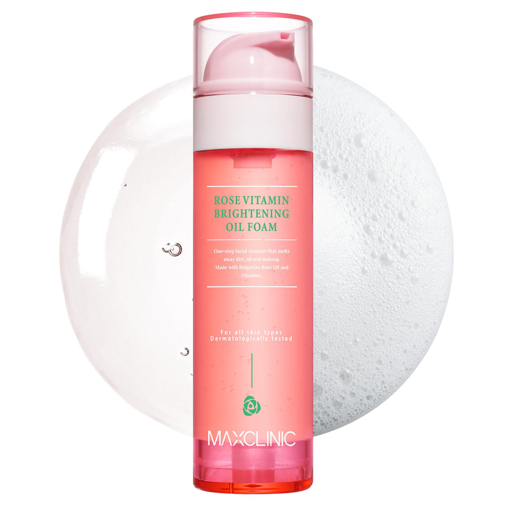 MAXCLINIC Rose Vitamin Oil to Foam bottle pour shows oil-to-foam cleansing for makeup removal