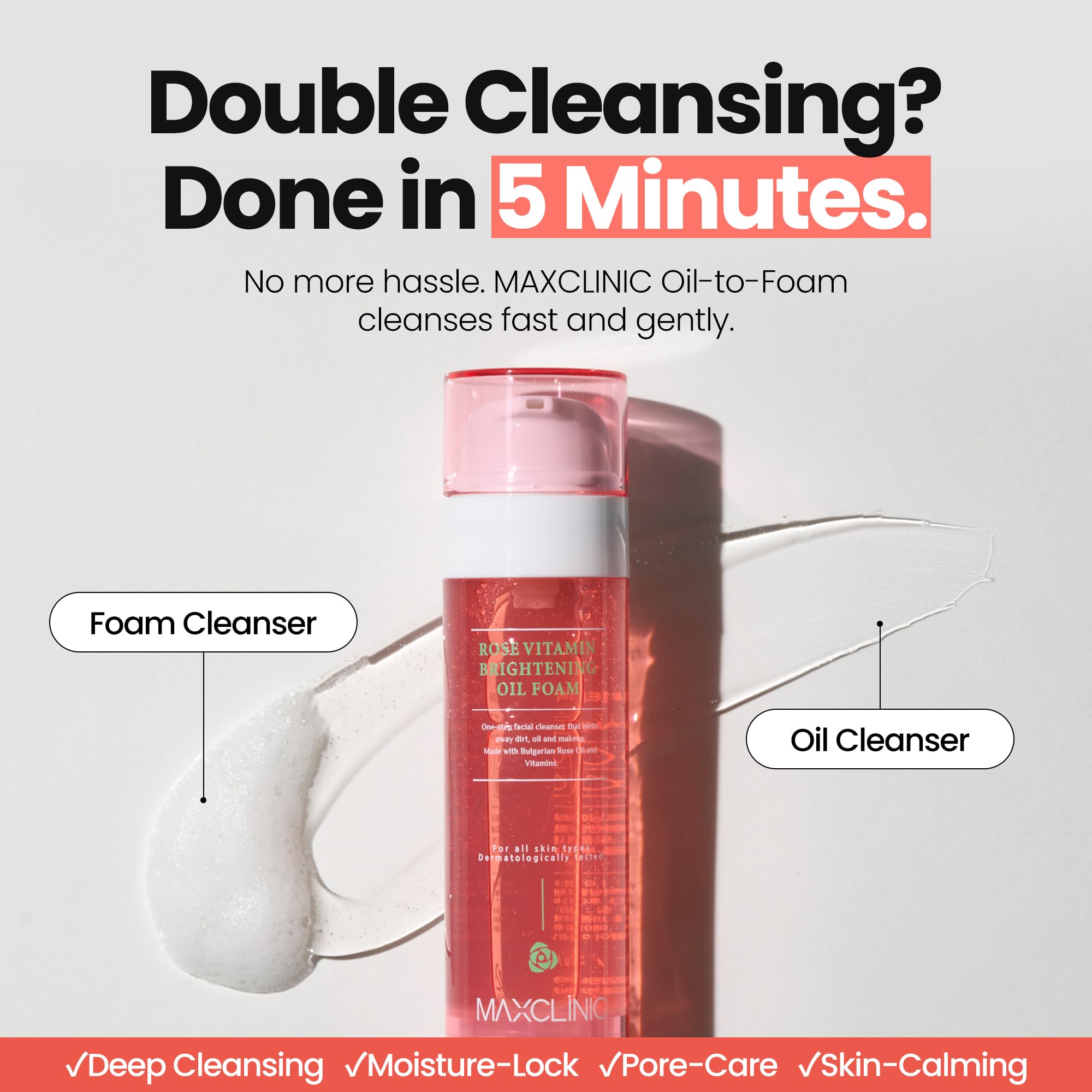 MAXCLINIC Rose Vitamin Oil to Foam activation forms a light foamy cleanse for gentle makeup removal