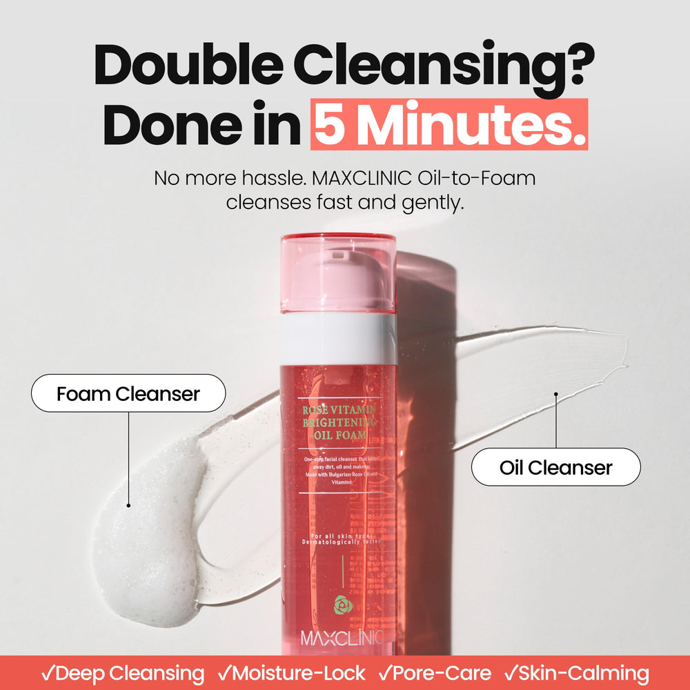 MAXCLINIC Rose Vitamin Oil to Foam activation forms a light foamy cleanse for gentle makeup removal