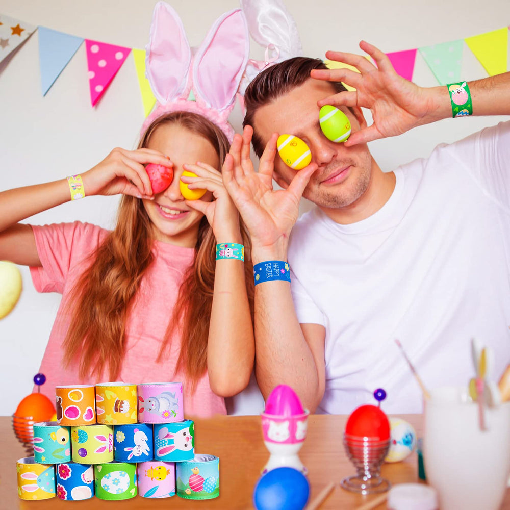 Max Fun Easter slap bracelets, 12 styles, colorful varieties for party prizes
