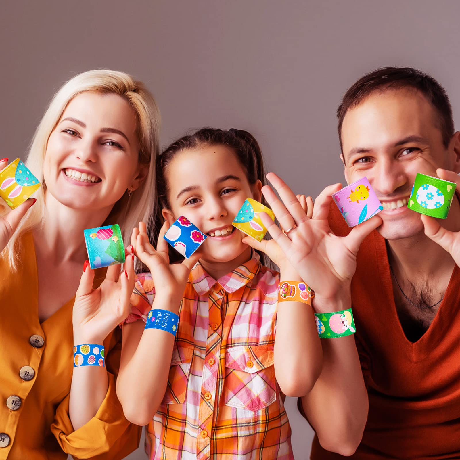 Max Fun Easter slap bracelets worn on wrist, quick fashion accessory