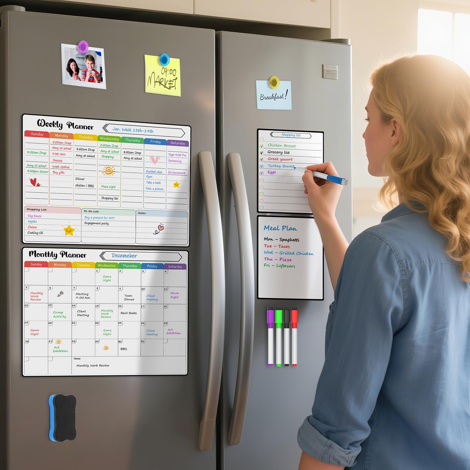 MaxGear magnets securing the calendar to the fridge for tidy organization