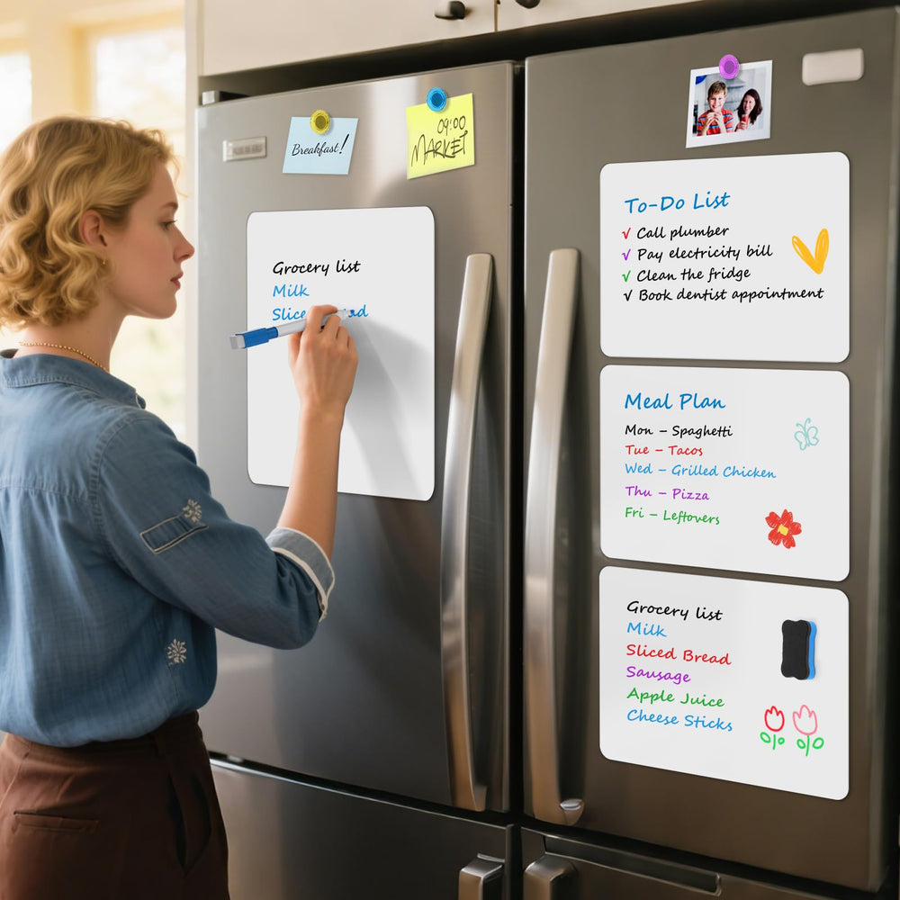 MaxGear reusable weekly planning on the fridge for meals and chores.