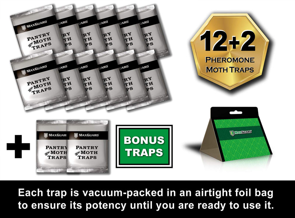 MAXGUARD box highlights 14 traps, value and portability for pantry protection.