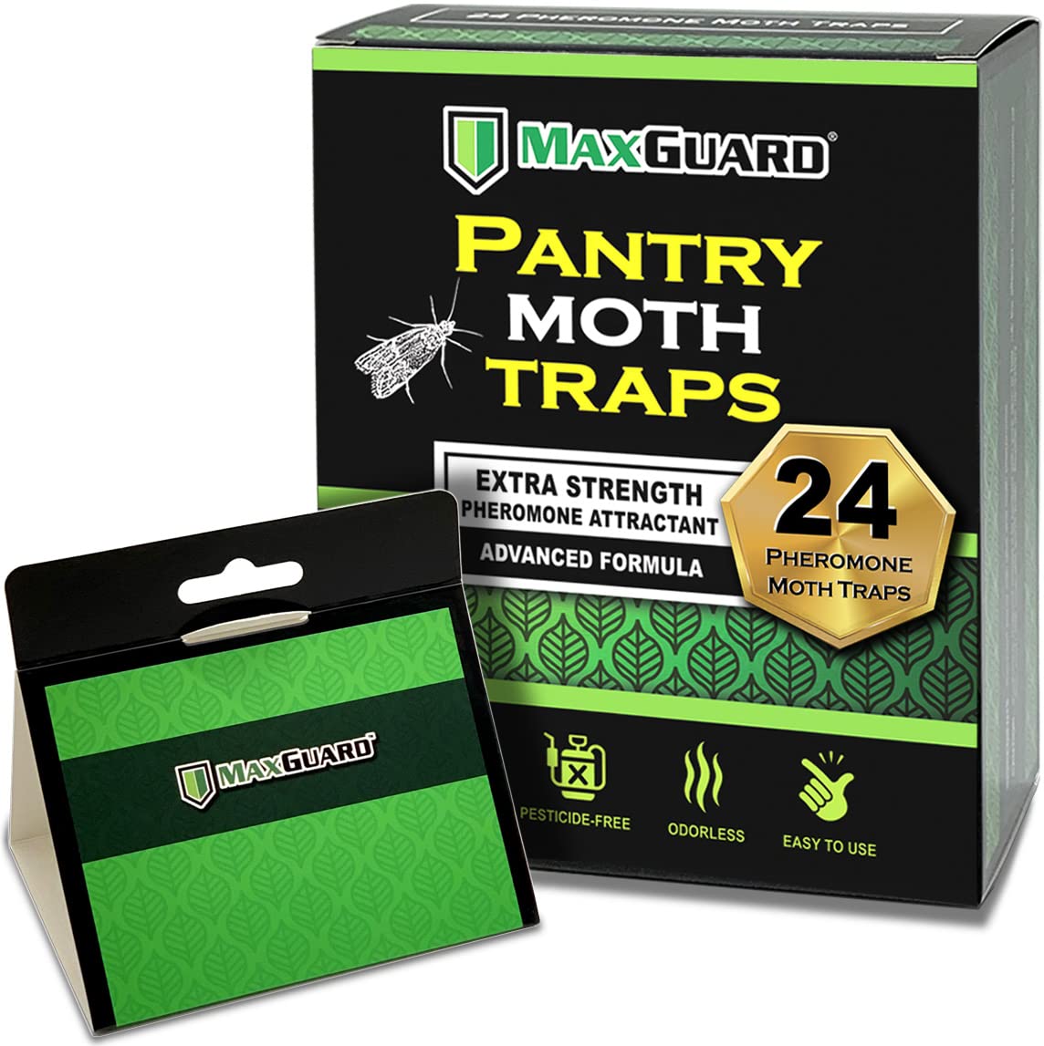 MaxGuard pantry moth traps in a 24-pack box protect stored foods with odorless, non-toxic design.