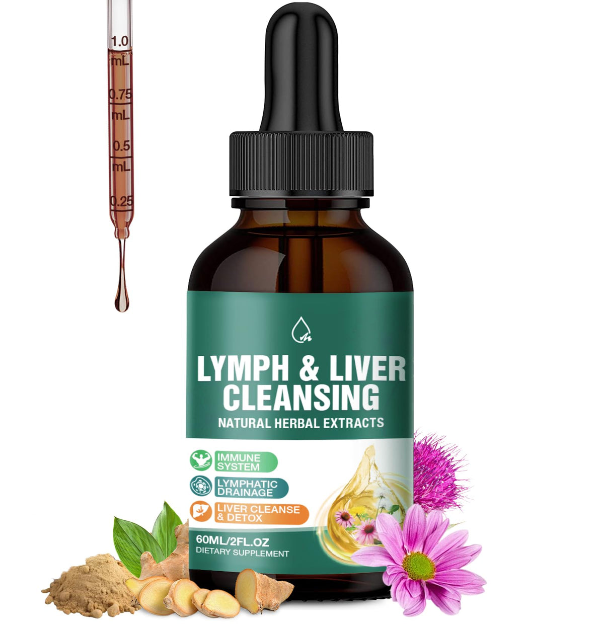 MaxHemp Liposomal Lymphatic Drainage Drops bottle highlighting ingredients for holistic wellness and immune balance.