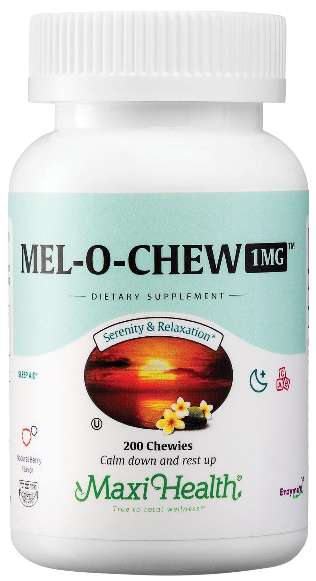 Maxi Health Mel-O-Chew bottle close-up showing convenient sleep support
