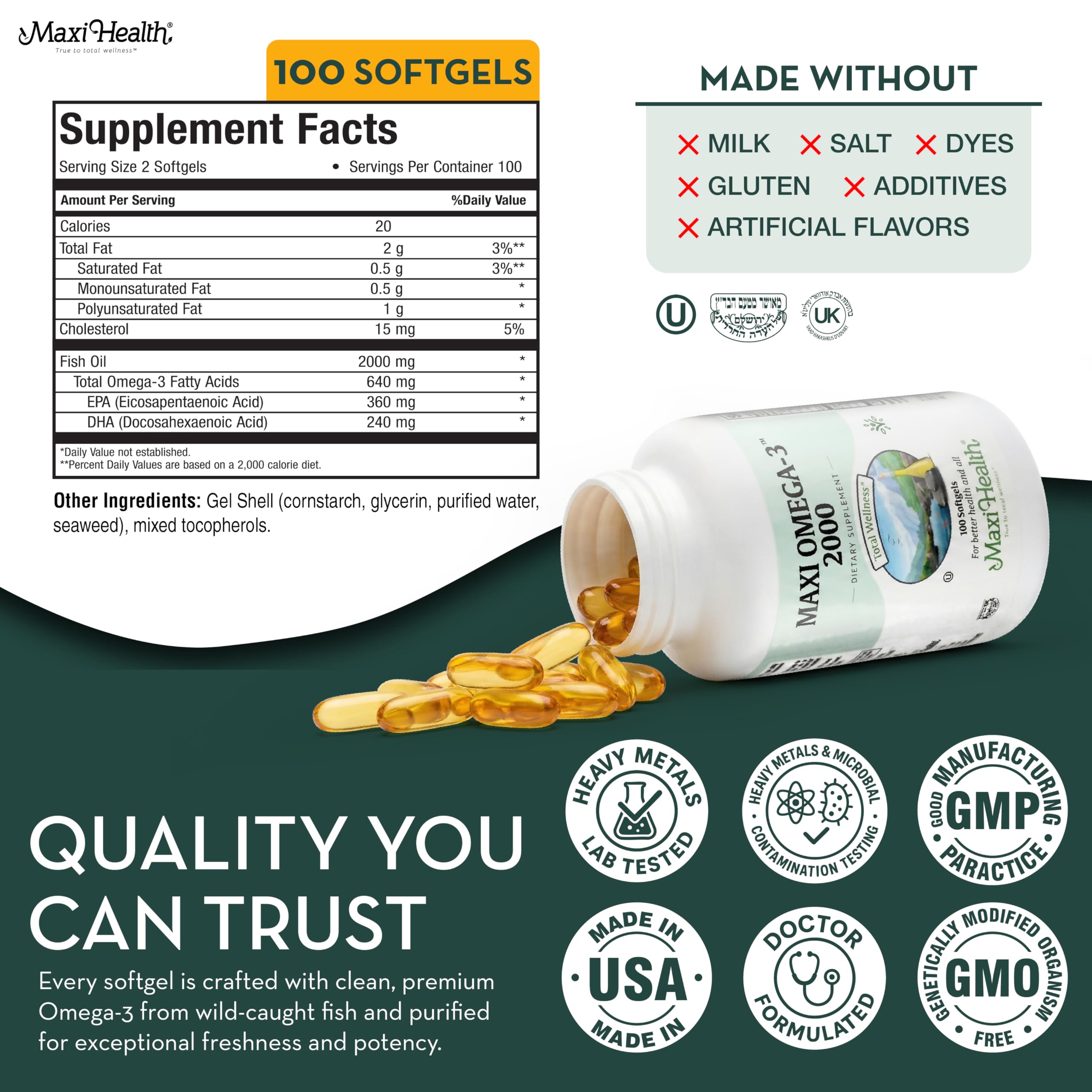 100 softgels count visible on Maxi Health Omega-3 bottle