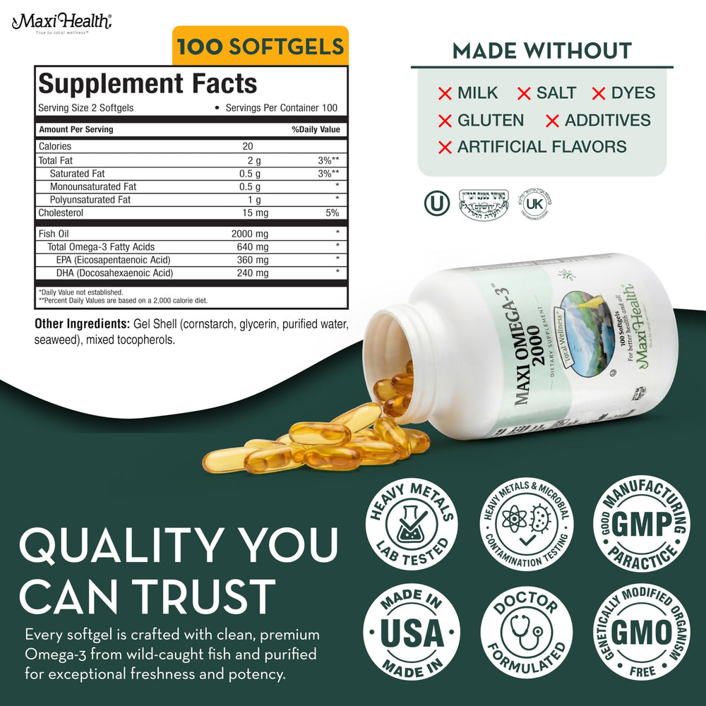 100 softgels count visible on Maxi Health Omega-3 bottle