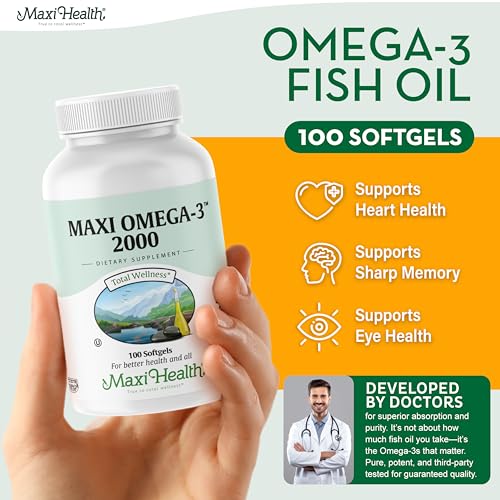 Close-up of Maxi Health Omega-3 softgels offering burpless consumption