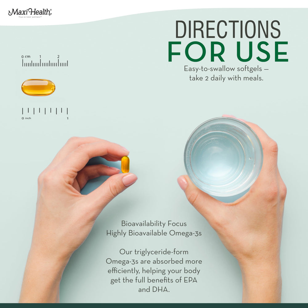 Third-party testing seal on Maxi Health Omega-3 packaging for peace of mind