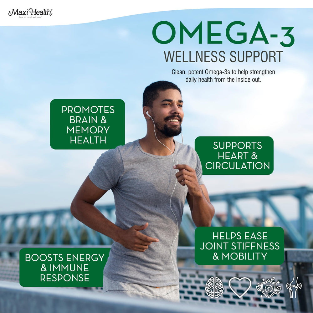 Sustainably sourced wild fish imagery behind Maxi Health Omega-3 capsules