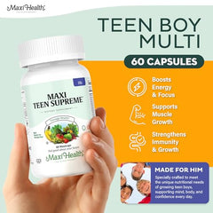 Maxi Health Teen Multi bottle back view with dosage details for daily use