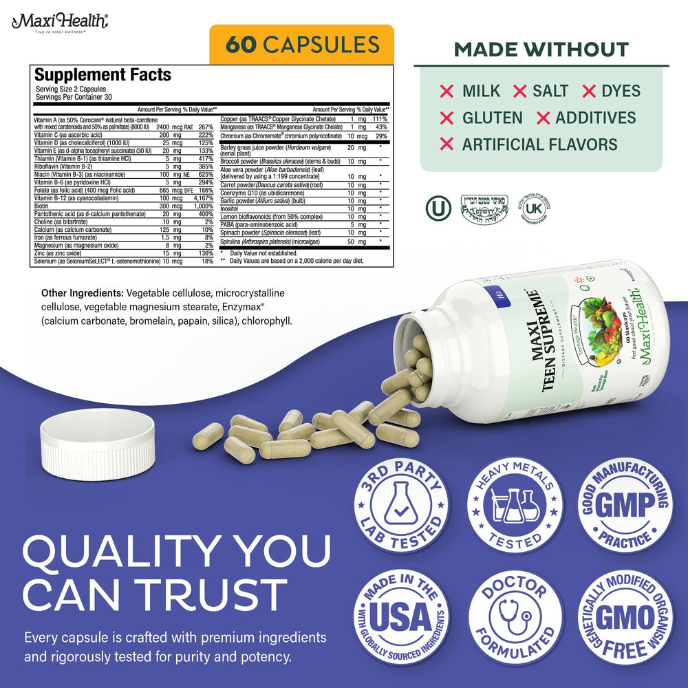 Maxi Health Teen Multi nutrition capsule hinting at metabolism and brain support