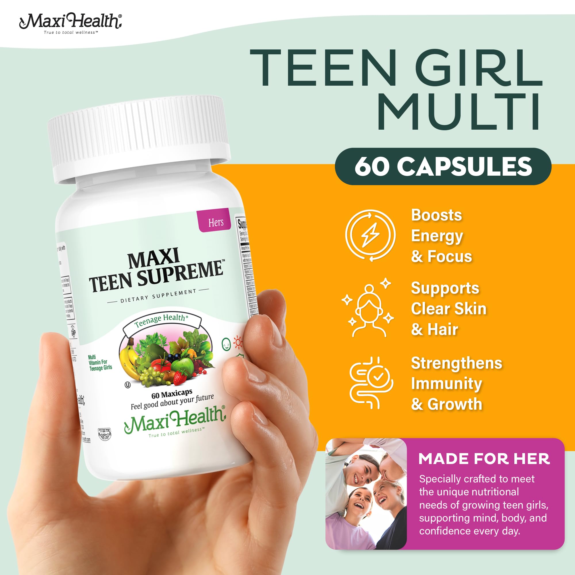 Maxi Health Teen Multivitamin bottle back label close-up with dosage and teen nutrients.