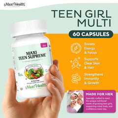Maxi Health Teen Multivitamin bottle back label close-up with dosage and teen nutrients.