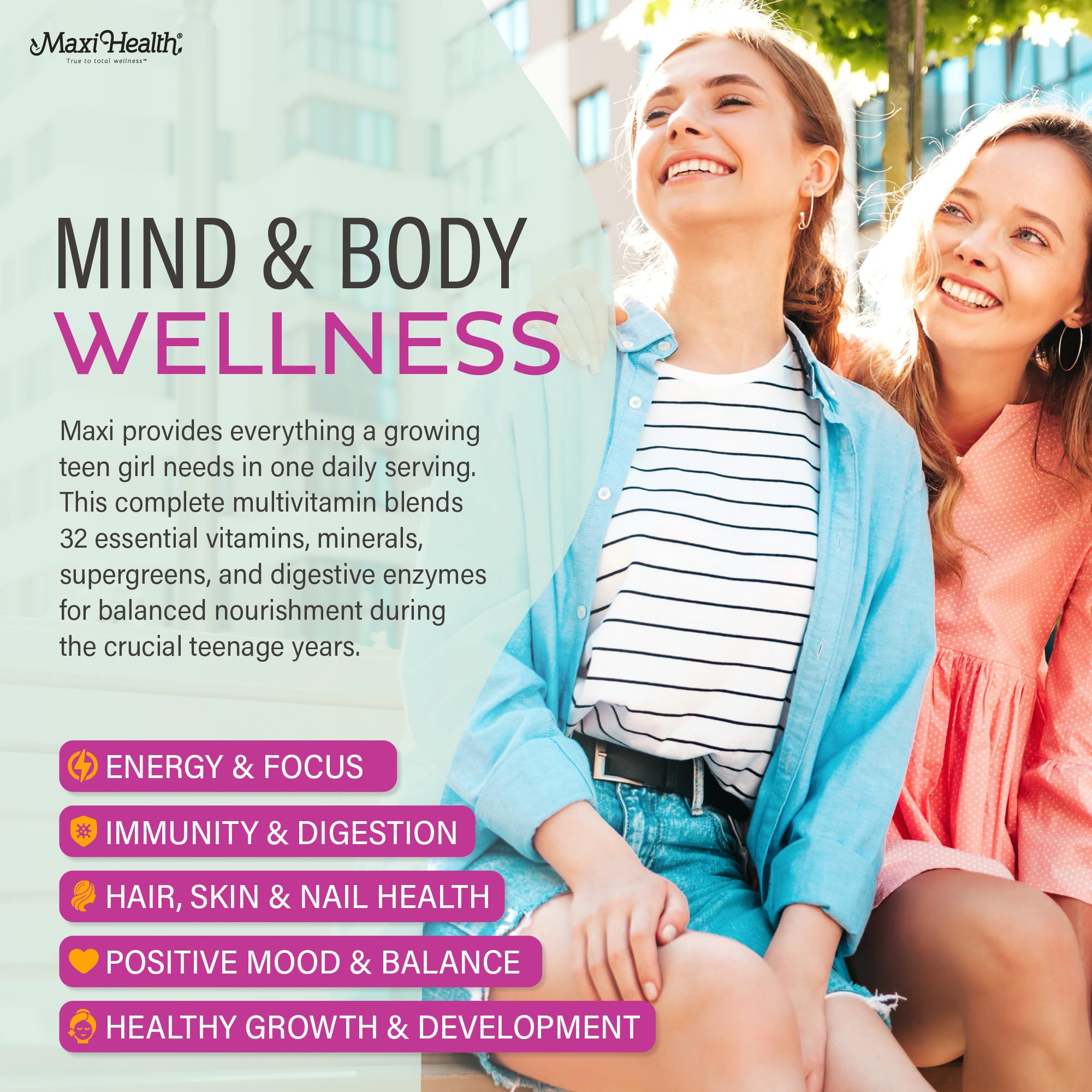 Maxi Health Teen Multivitamin capsules close-up highlighting easy daily intake.