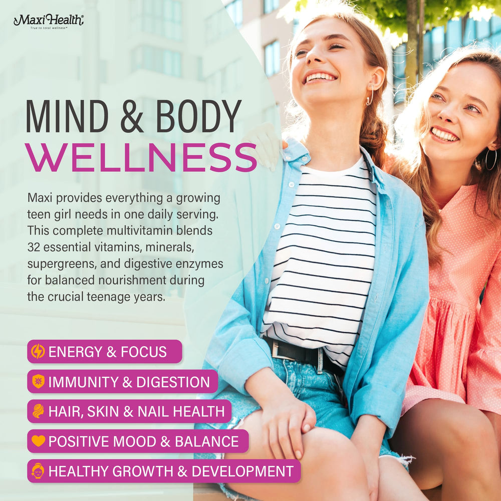 Maxi Health Teen Multivitamin capsules close-up highlighting easy daily intake.
