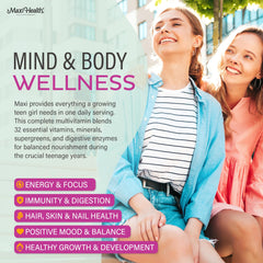 Maxi Health Teen Multivitamin capsules close-up highlighting easy daily intake.