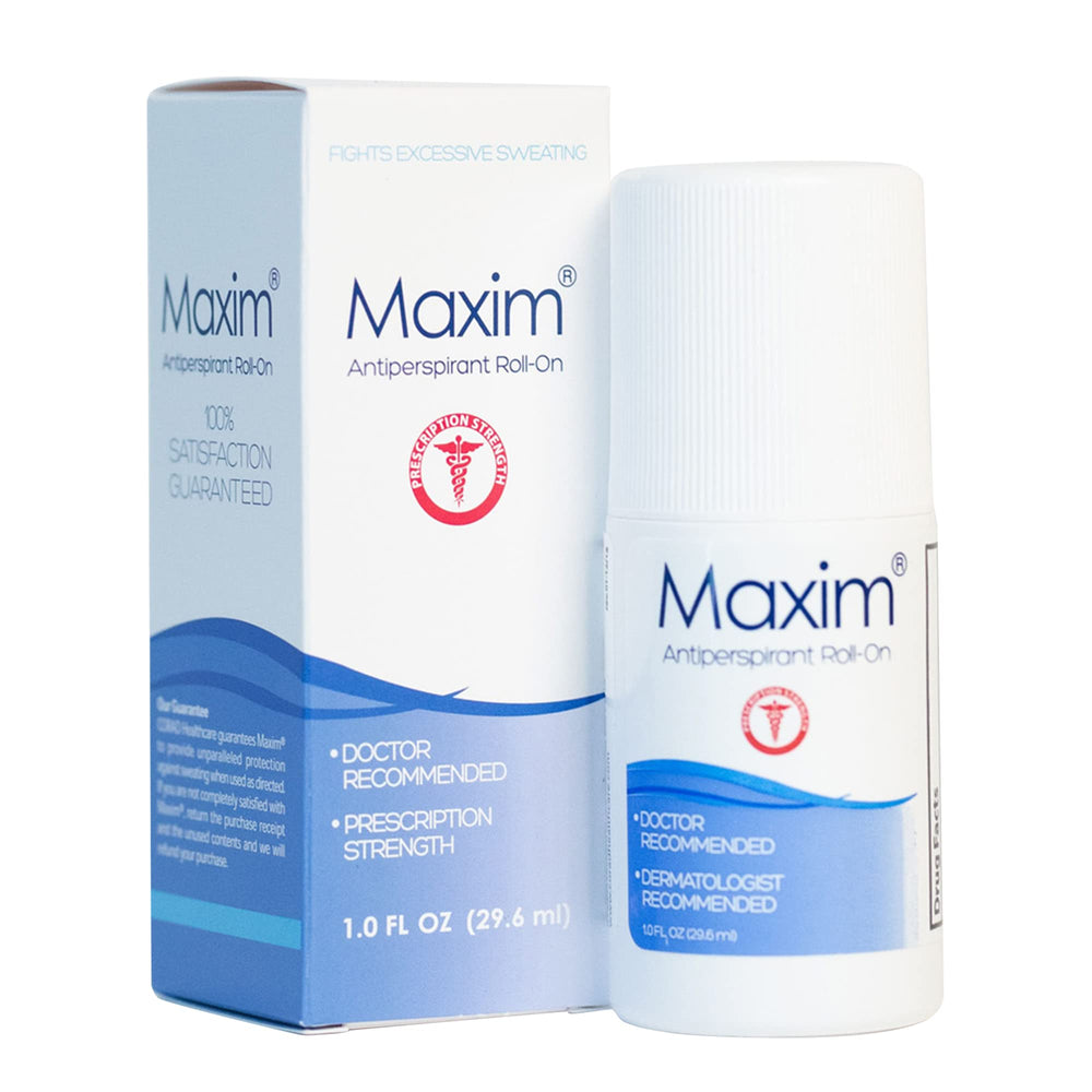 MAXIM clinical-strength antiperspirant bottle provides all-day sweat control.