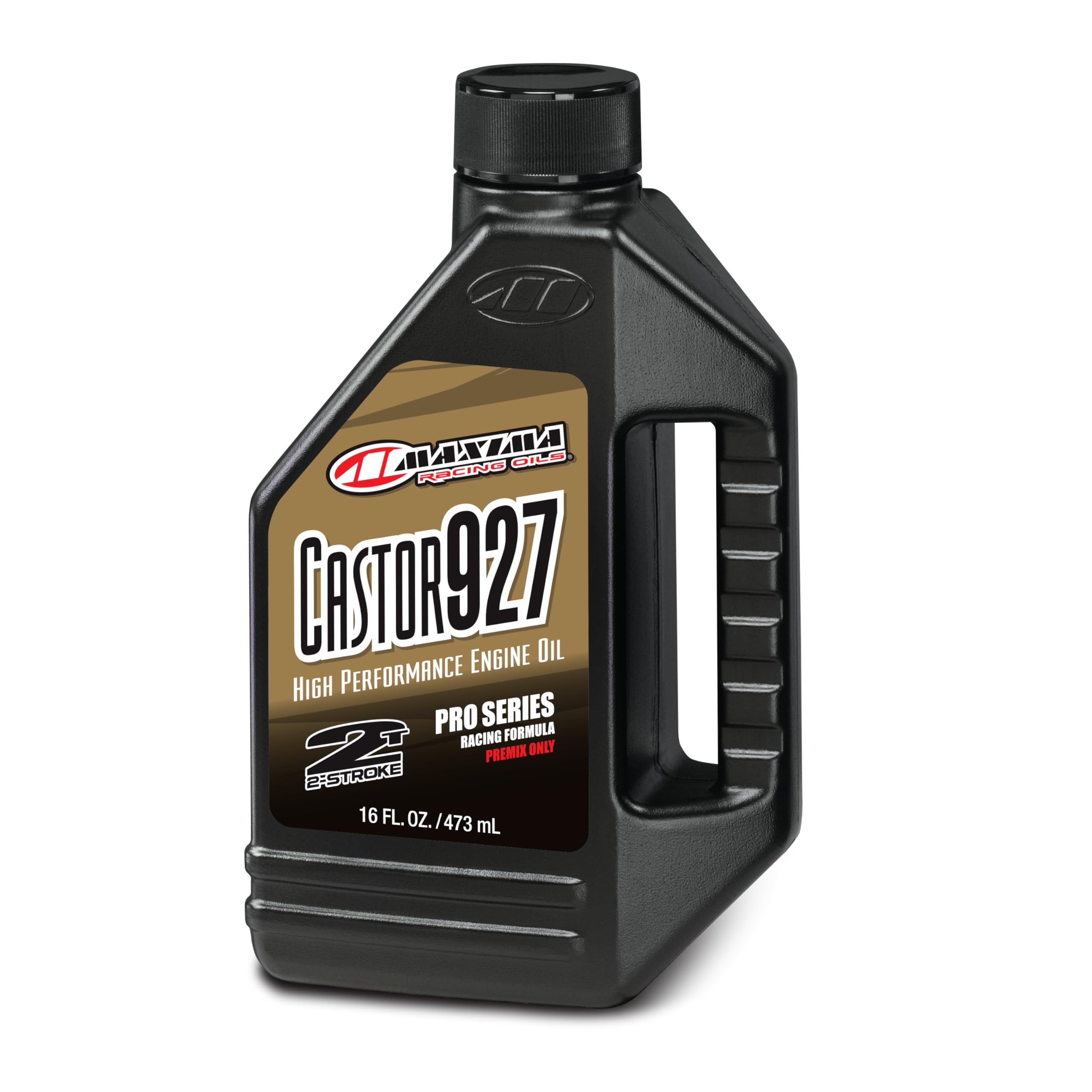 Maxima Castor 927 Racing Premix bottle with cap provides high-performance lubrication for two-stroke engines.