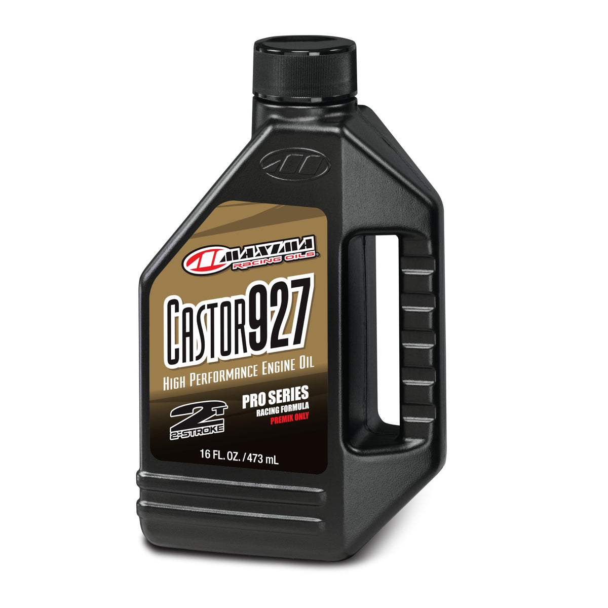 Maxima Castor 927 Racing Premix bottle with cap provides high-performance lubrication for two-stroke engines.
