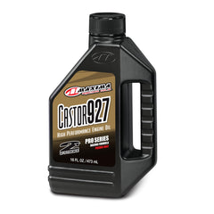 Maxima Castor 927 Racing Premix bottle with cap provides high-performance lubrication for two-stroke engines.