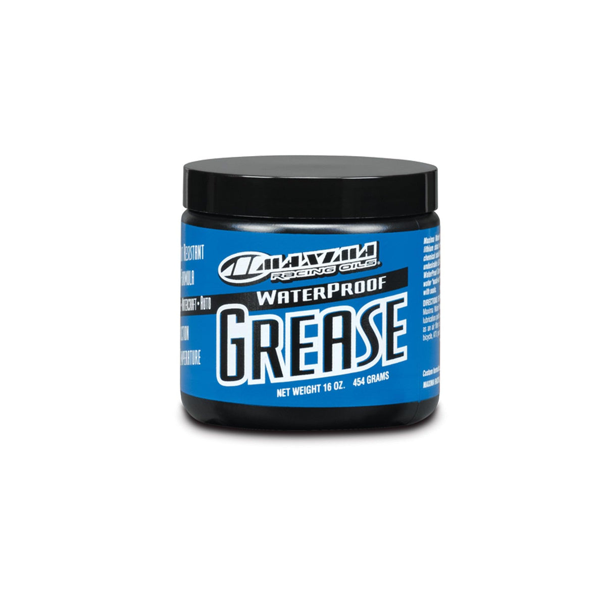 Maxima Waterproof Grease 16-oz bottle in black for high-temperature bearing protection.