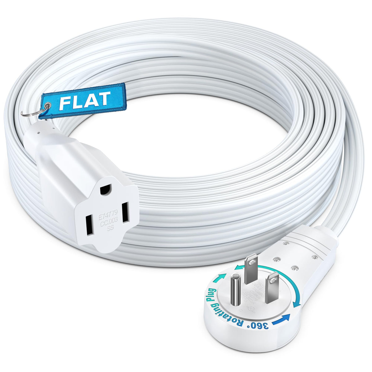 Maximm 360 rotating flat plug extension cord, front view, clutter-free outlets.