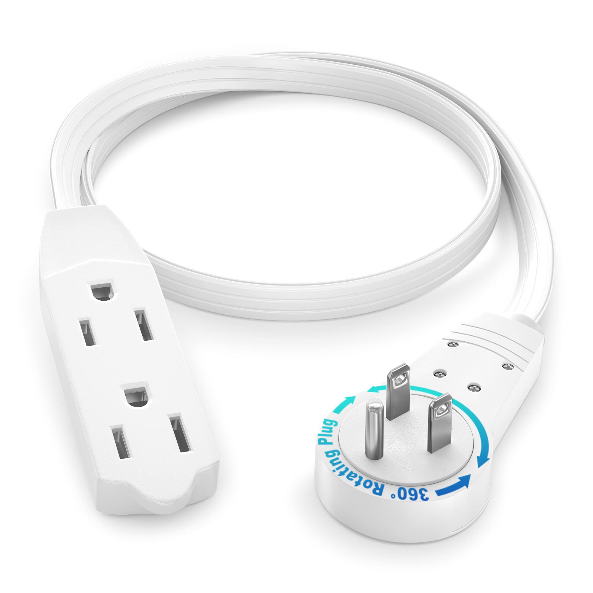 Maximm 1ft rotating flat plug extension cord reaching outlets behind furniture for easy access