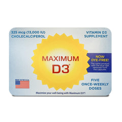 Maximum D3 bottle front highlights 13,000 IU per capsule for potential bone health support.