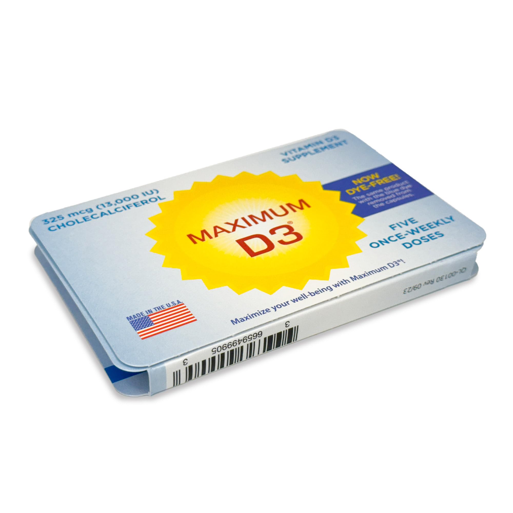 Maximum D3 capsules close-up emphasizes easy-to-swallow design for weekly use.