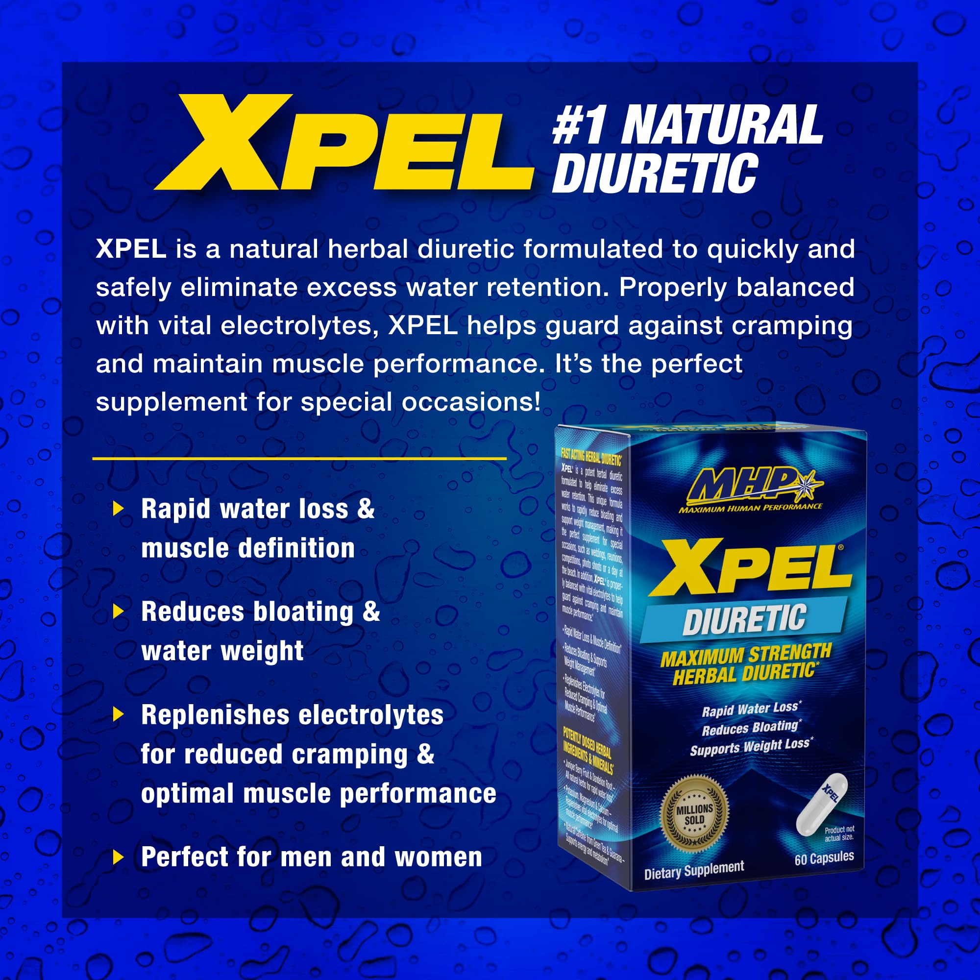 Maximum Human Performance Xpel capsules close-up highlighting herbal diuretic formula