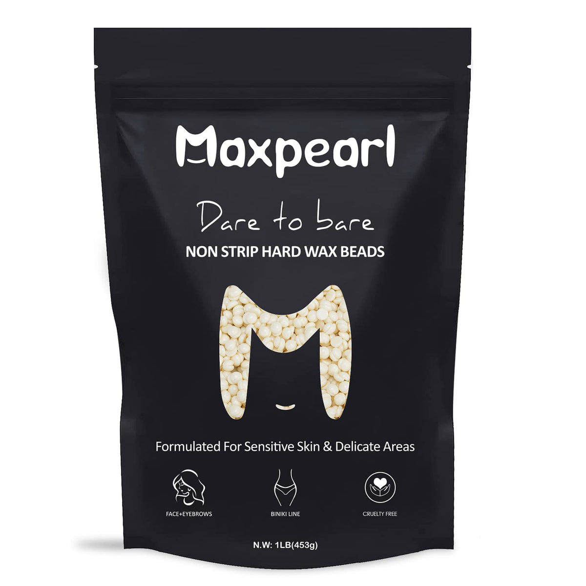 Maxpearl wax beads create a creamy film for gentle facial hair removal.